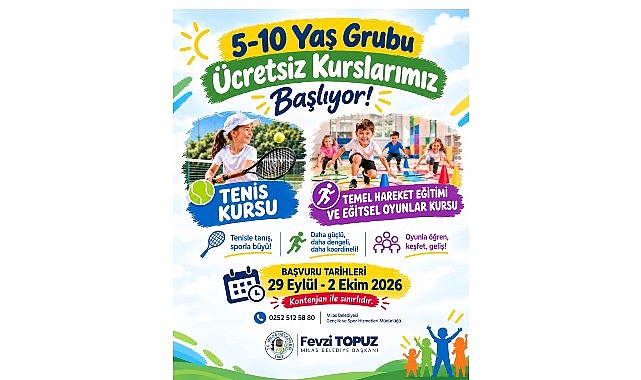 Milas Belediyesi Tenis, Temel Hareket Eğitimi ve Eğitsel Oyunlar Kursları İçin Kayıtları Başlatıyor